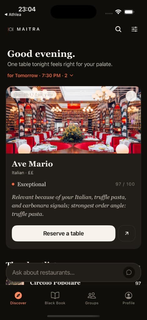 Maitra app, personalised restaurant discovery
